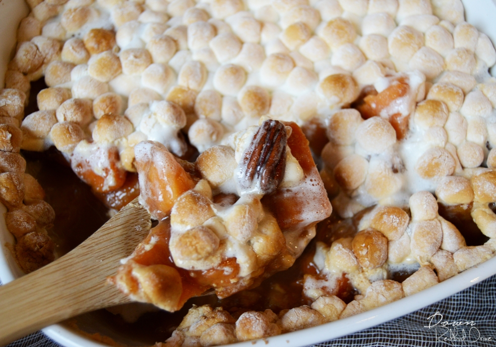 sweet potato casserole with marshmallows and pecans