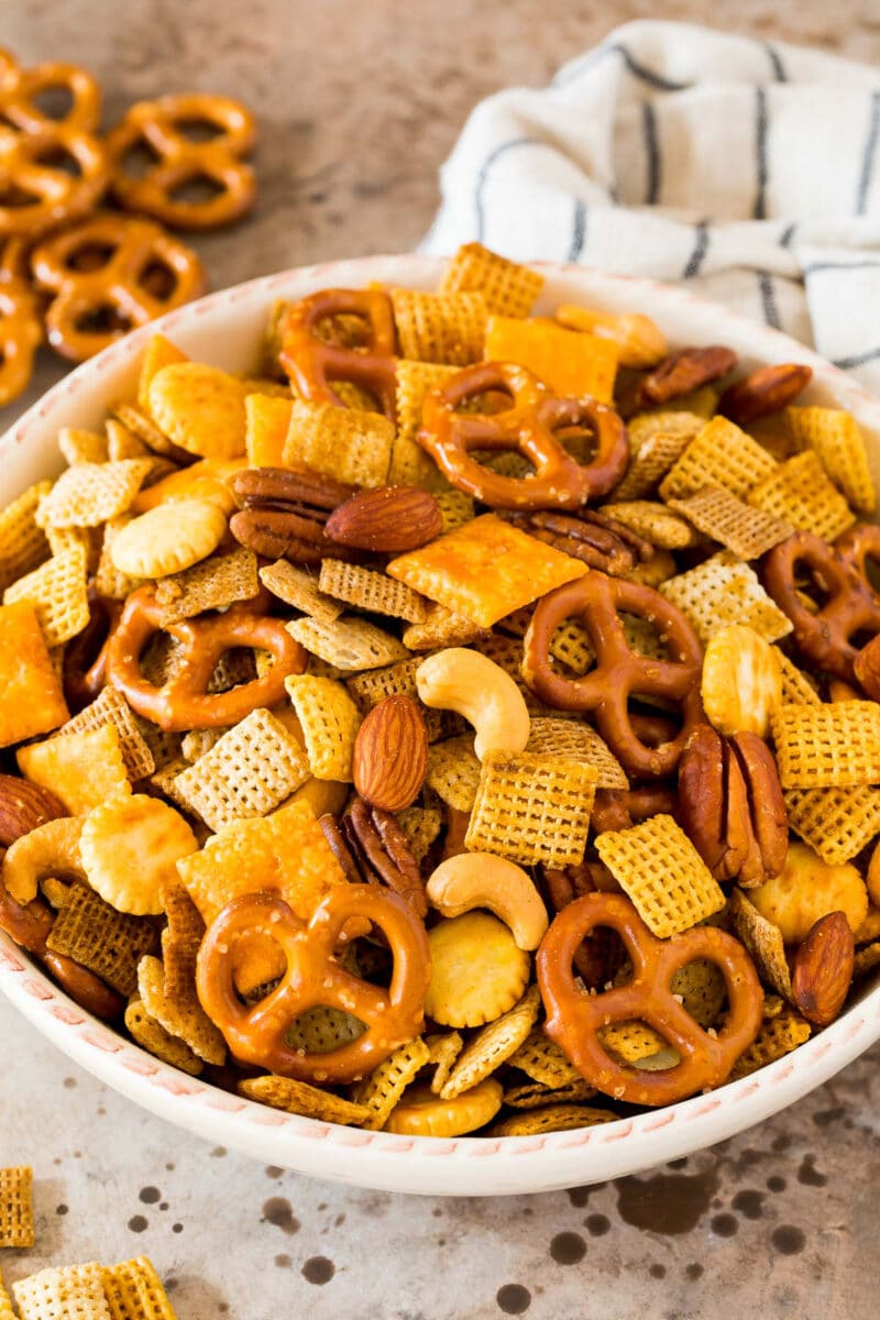 Finished bowl of homemade chex mix