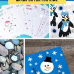 a 5 image collage of winter activities for kids with a text overlay that says 68 fun and easy winter activities for kids hands on fun