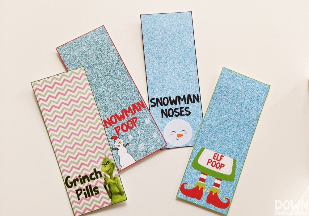 "Grinch Pills", "Snowman Poop", "Snowman Noses" and "Elf Poop" tic tac container gift labels.