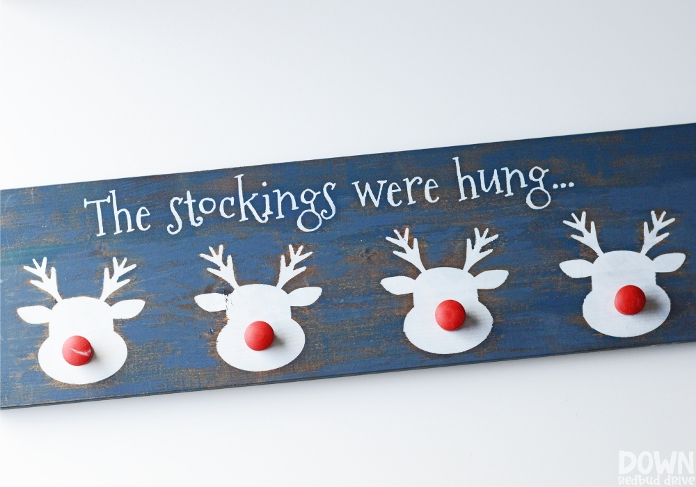 The finished reindeer stocking holder DIY on a white background.