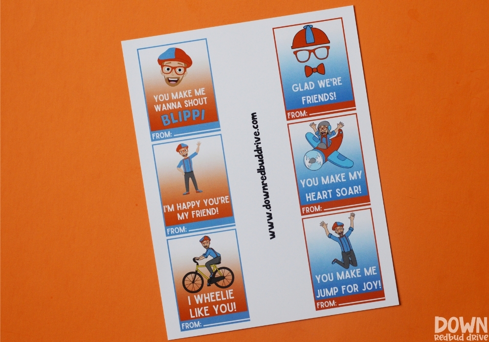 The free printable Blippi Valentines on an orange background.
