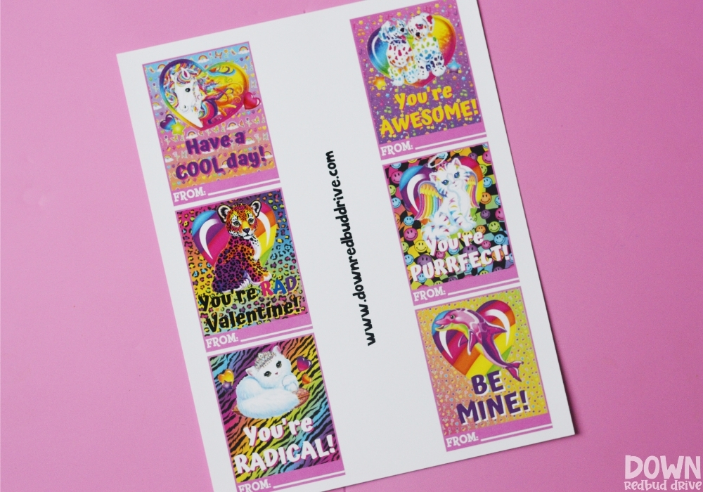 The free printable sheet for Lisa Frank Valentines.