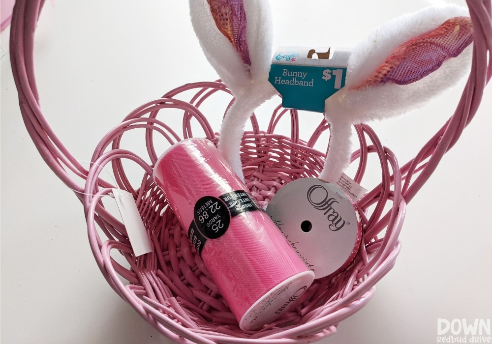Overhead view of the supplies for the DIY tutu Easter basket.