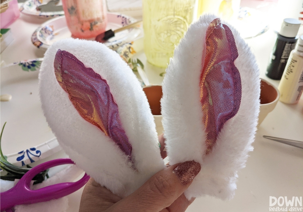 Close up of cut bunny ears for the DIY decorative Easter basket.