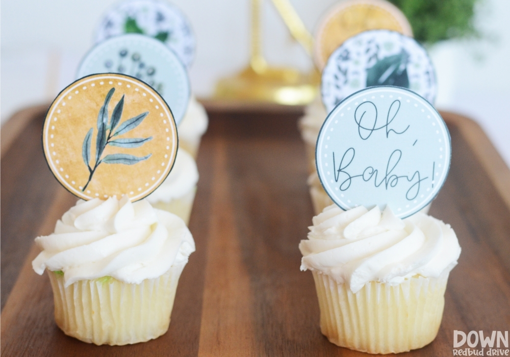 The cupcake toppers from the DIY Greenery Cutie Baby Shower.