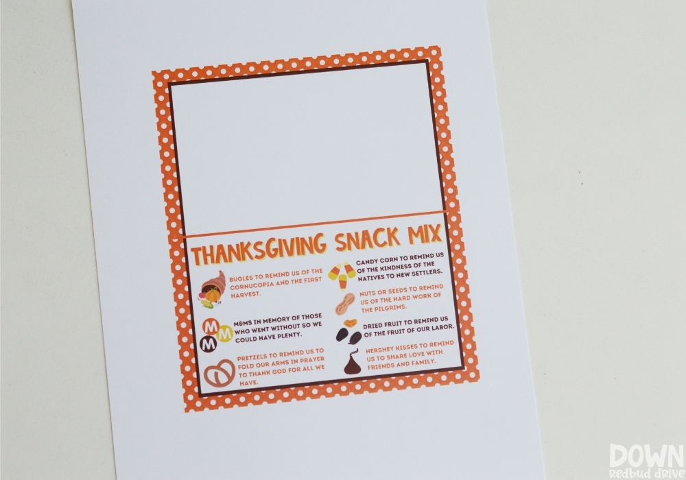 Overhead view of the Thanksgiving Snack Mix printable.