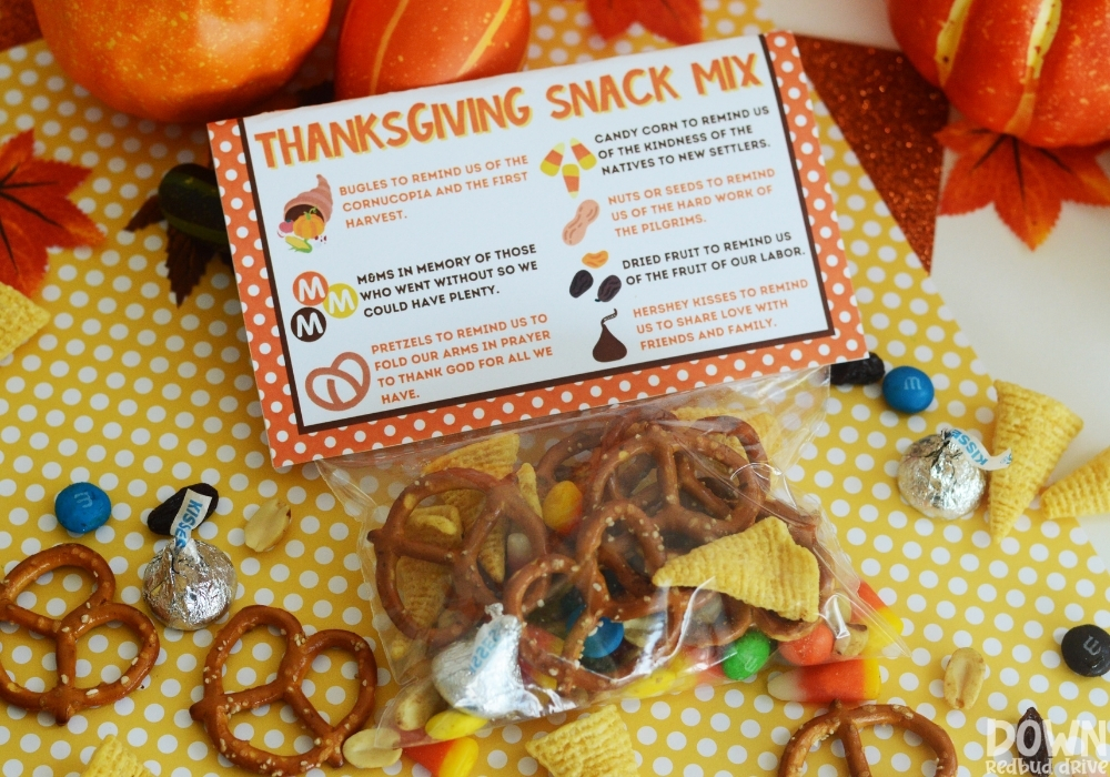 Overhead view of the finished Thanksgiving Snack Mix surrounded by Thanksgiving decorations.
