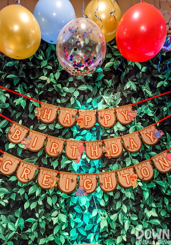 Close up of the birthday banner for the Winnie The Pooh birthday party.