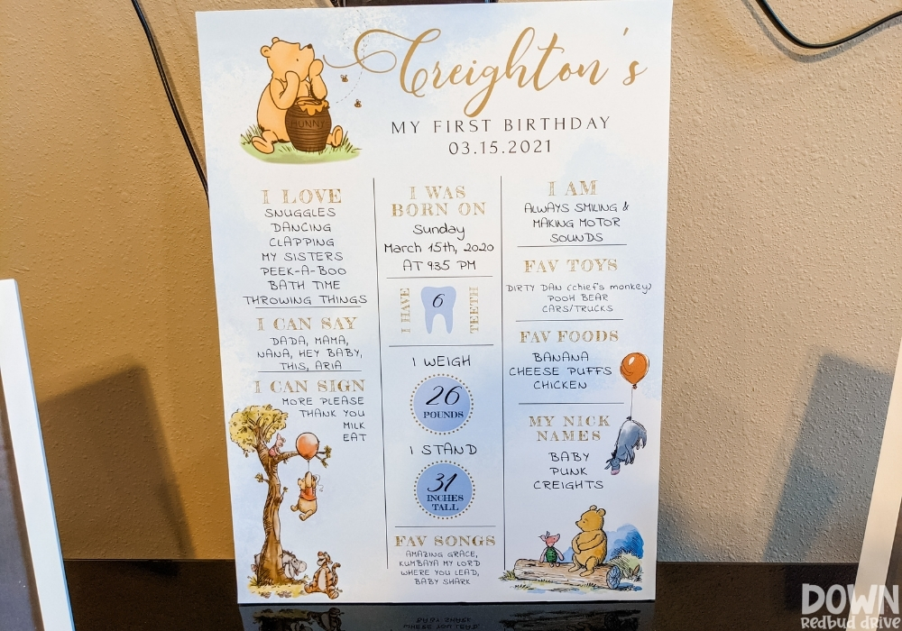 A Winnie The Pooh themed first birthday "about me" printable sign.