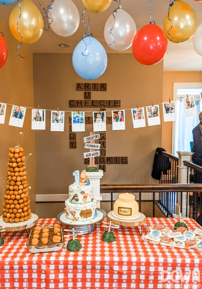 The food table for the Winnie The Pooh birthday party.