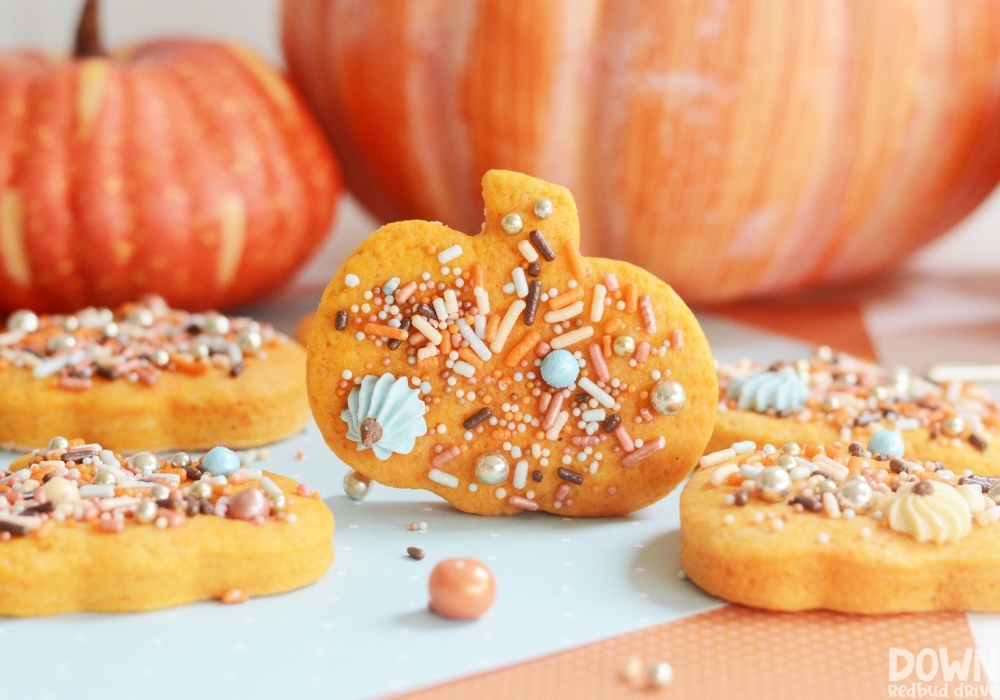 Close up of the finished Pumpkin Sprinkle Cookies.