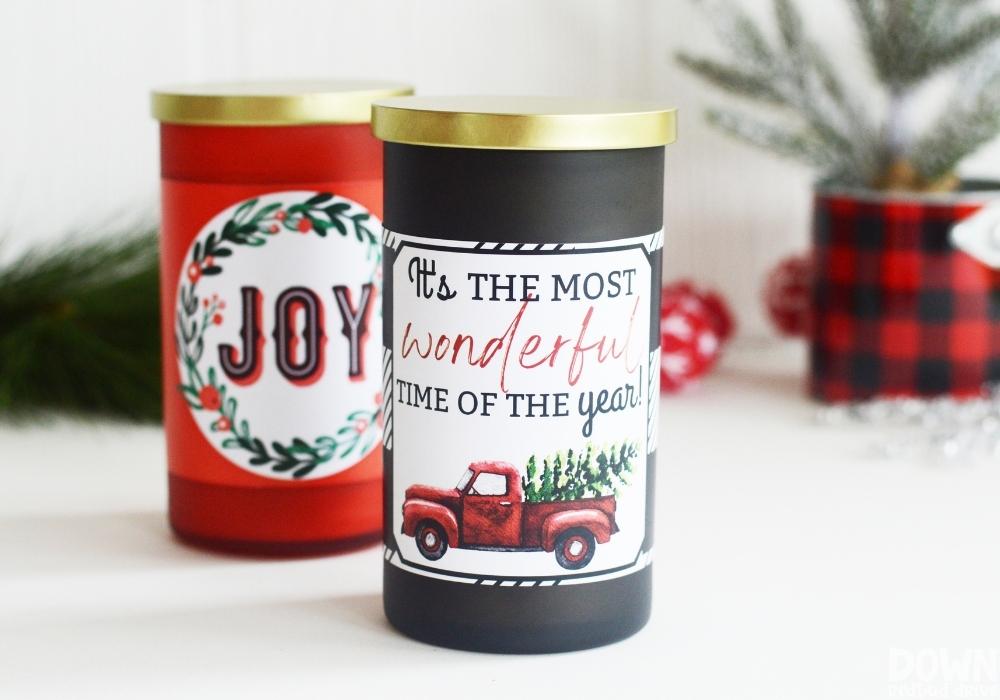 Close up of a finished Christmas candle that says "It's the most wonderful time of the year".