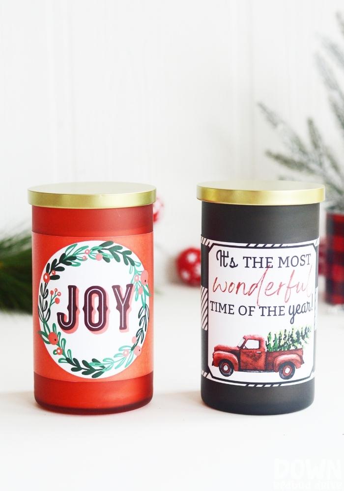A tall closeup of the finished DIY Christmas Candle Labels.