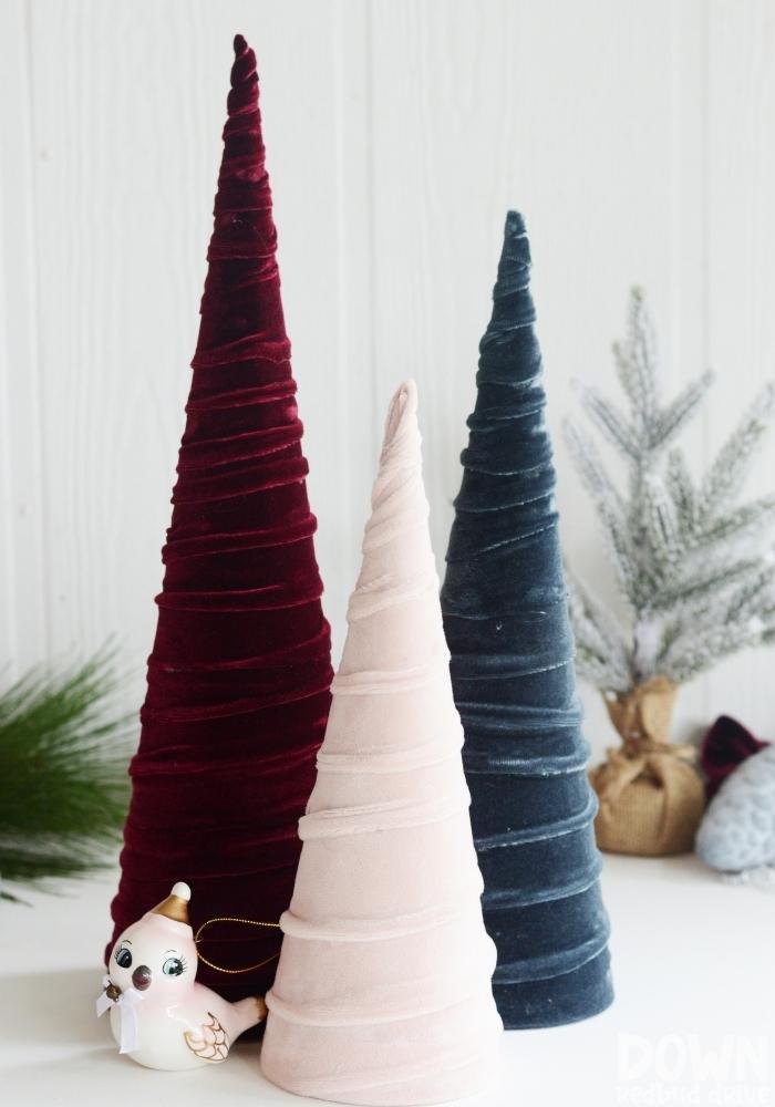 A tall closeup of the finished DIY Velvet Trees.