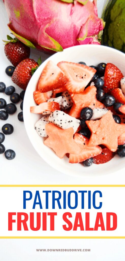 Red white and blue patriotic fruit salad in a white bowl, consisting of watermelon, blueberries, strawberries, and dragon fruit pieces. The watermelon are cut into stars with text overlay that says patriotic fruit salad
