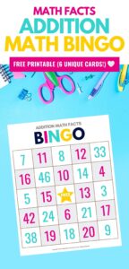 Printed bingo sheet from the addition math facts bingo game for kids free download on a bright blue background with scissors, pins, and other school supplies surrounding the page