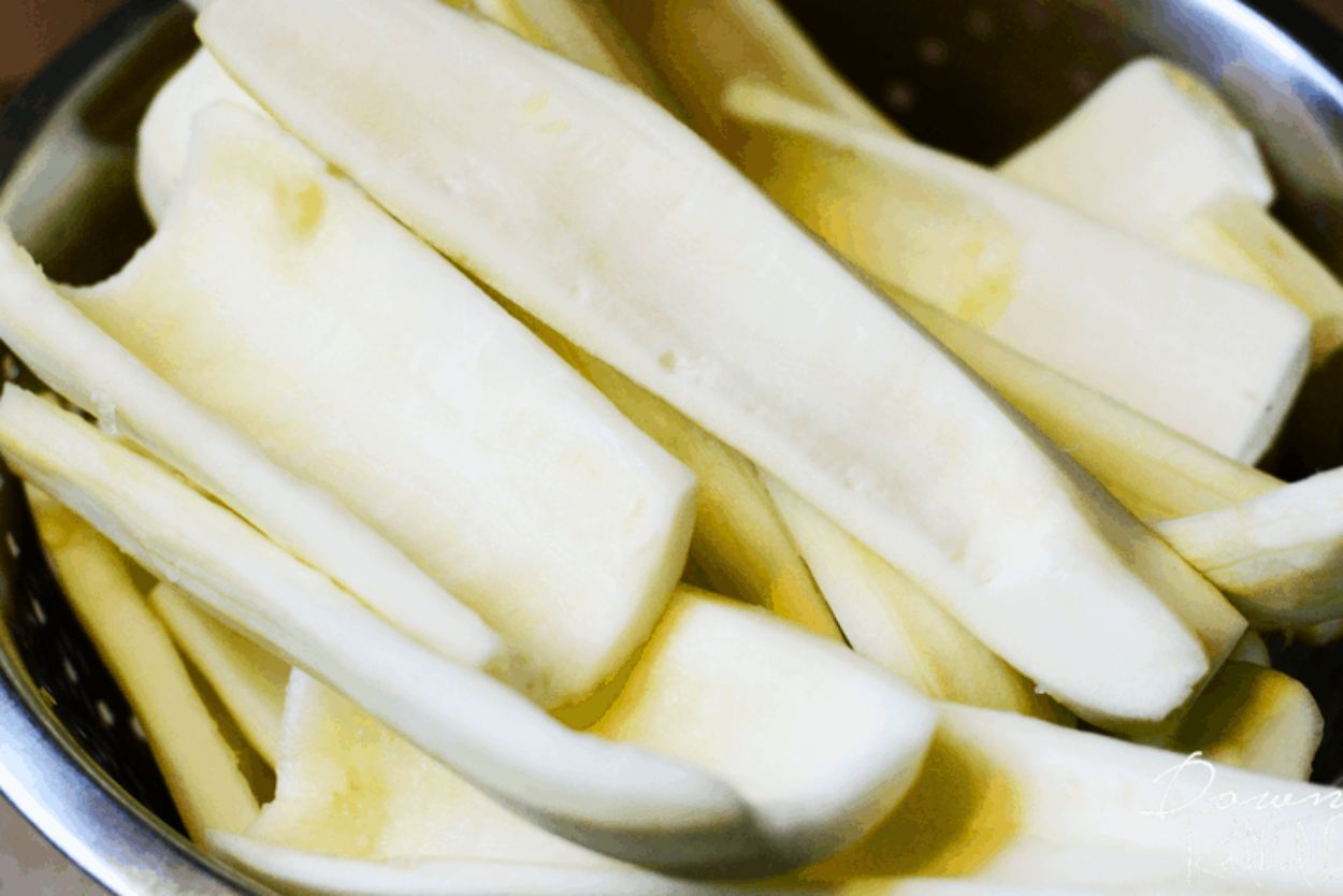 Zucchini peeled and deseeded and ready for slicing