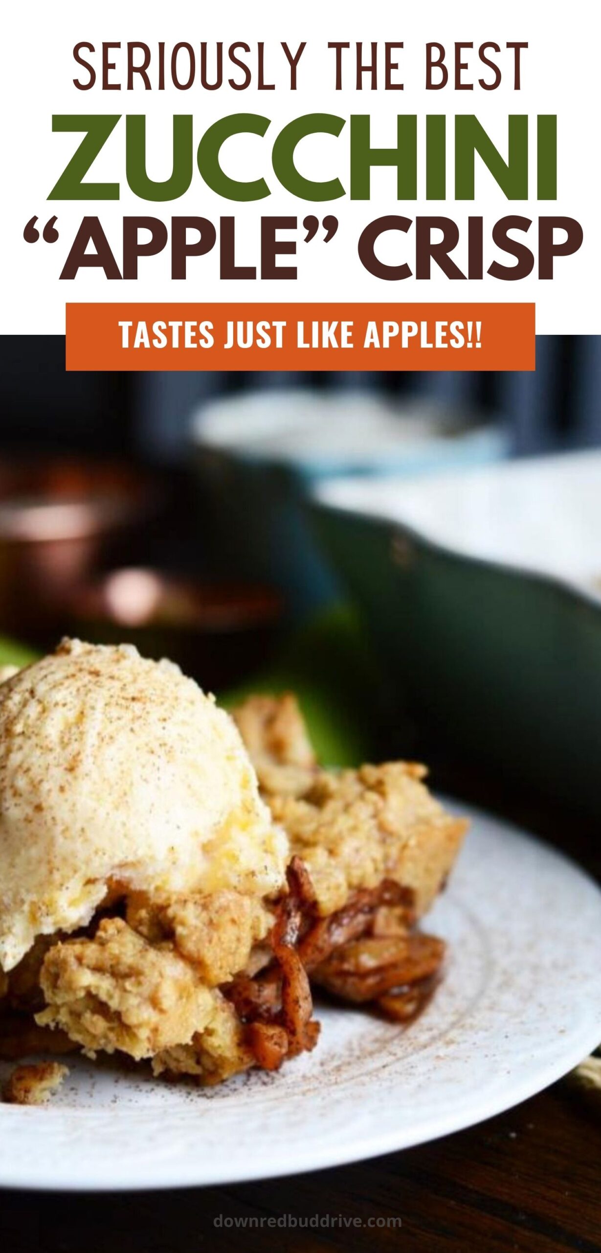 Homemade zucchini crisp topped with a scoop of vanilla ice cream. A text overlay says seriously the best zucchini apple crisp tastes just like apples!