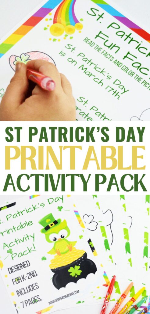 child's hand holding a crayon and coloring a st patrick's day printable activity page with a text overlay that says st patrick's day printable activity pack