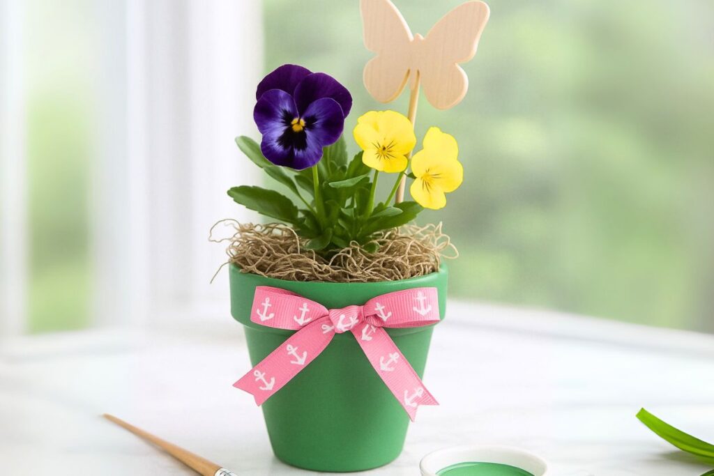 Finished custom DIY flower pot painted green with a pink ribbon bow and purple and yellow flowers in the pot.