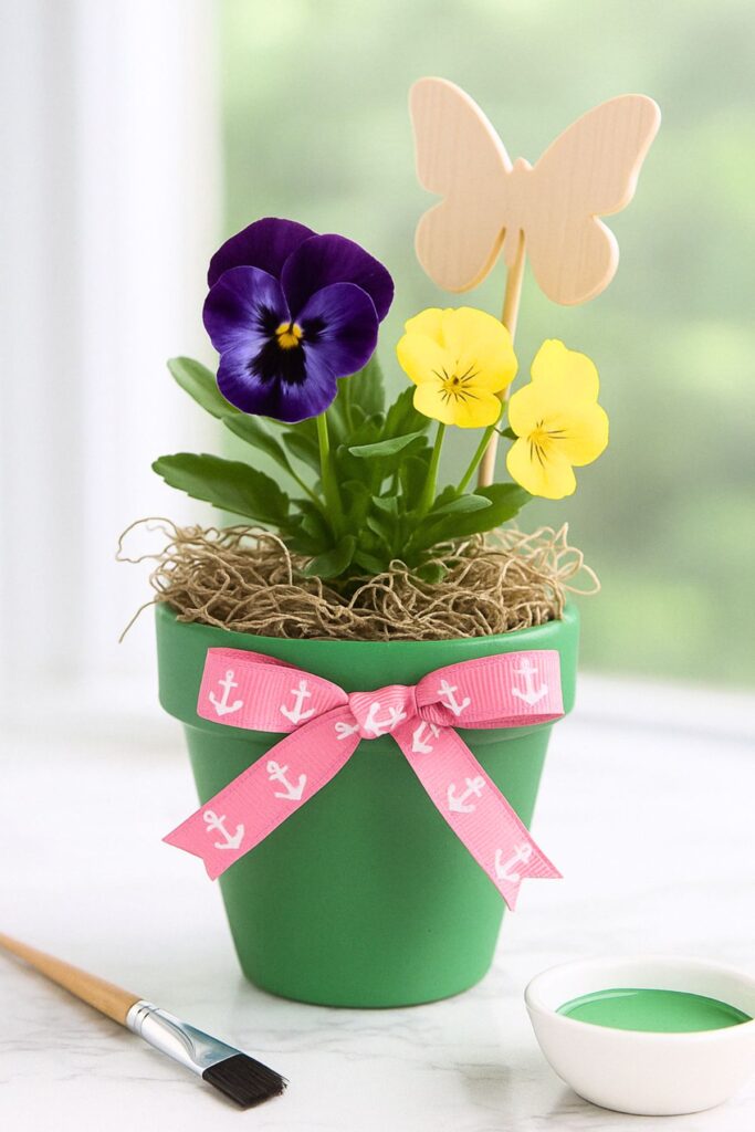 Finished custom DIY flower pot painted green with a pink ribbon bow and purple and yellow flowers in the pot.