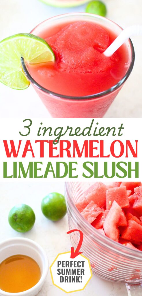 Finished watermelon limeade slushie in a glass pint glass with a white straw and a slice of lime on the edge. a text overlay reads 3-ingredient watermelon limeade slush, the perfect summer drink