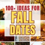 a 12 panel image with various images of fall food, nature, and couples walking in leaves. a text overlay reads 100 ideas for fall dates