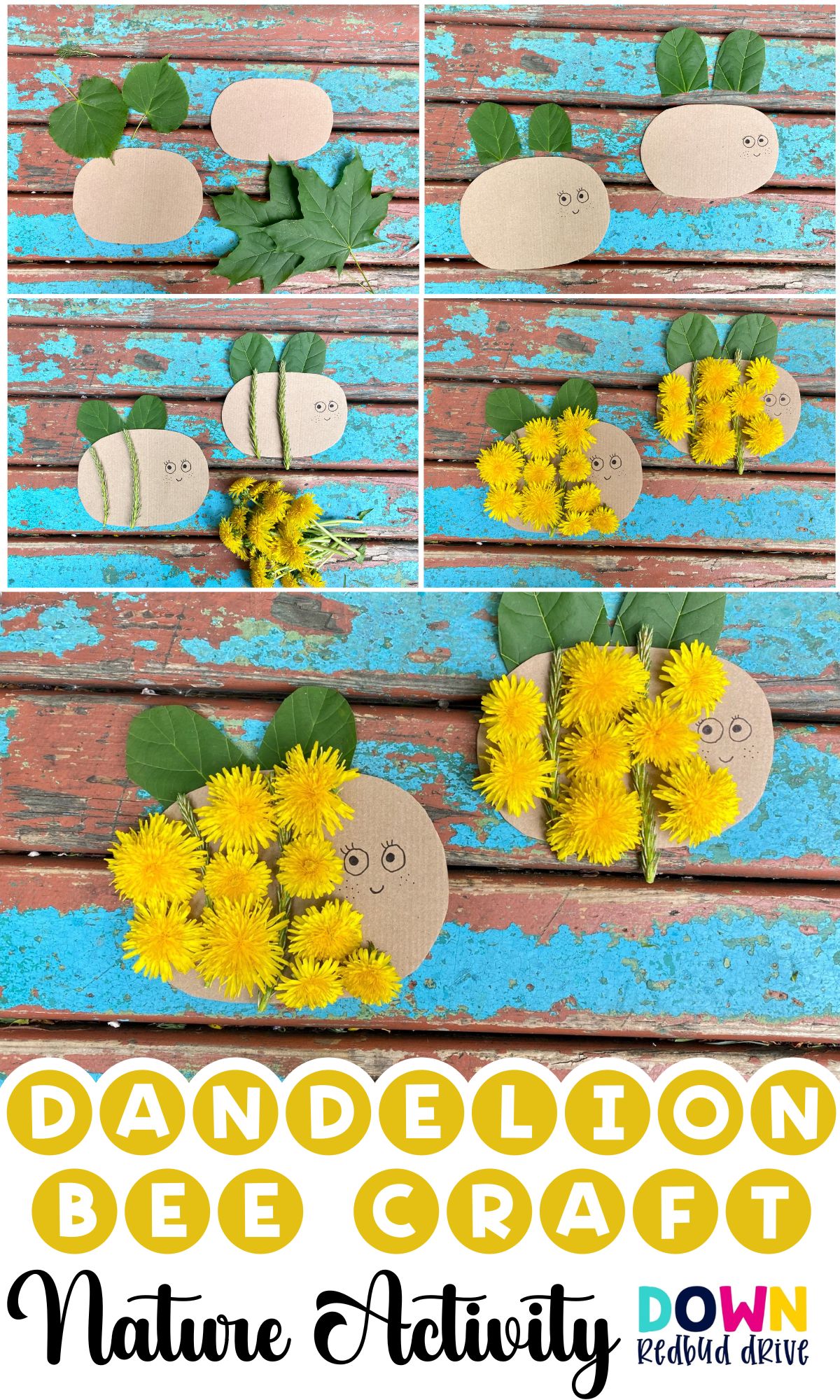 recycled nature bee craft for kids with dandelions and cardboard 