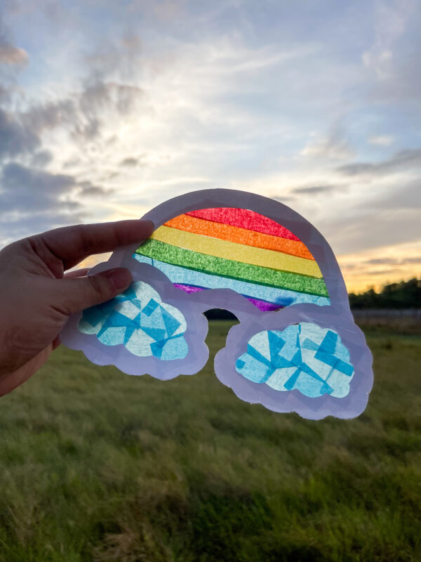 Rainbow suncatcher craft with bright colour strips