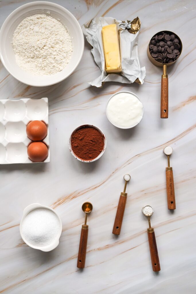 ingredients for chocolate drizzle loaf cake