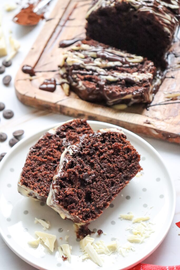 chocolate drizzle loaf cake sliced