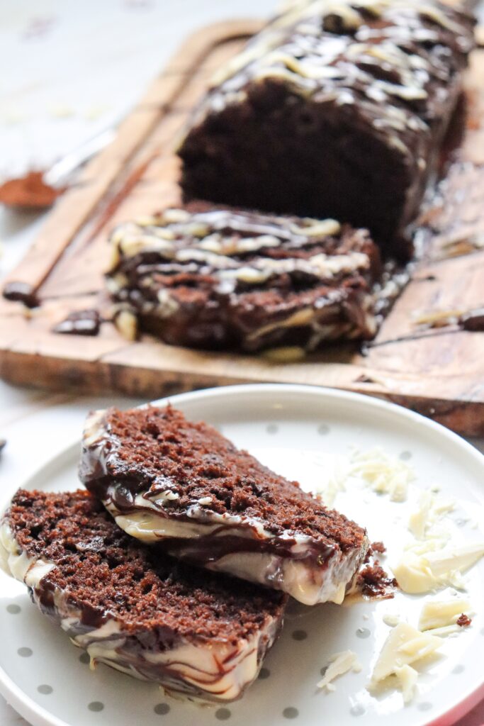 chocolate drizzle loaf cake sliced