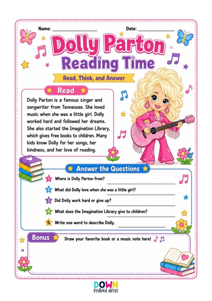 Dolly Parton reading comprehension for kids