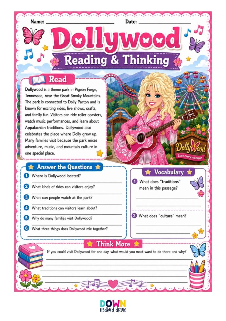 Dolly Parton Dollywood reading comprehension for kids