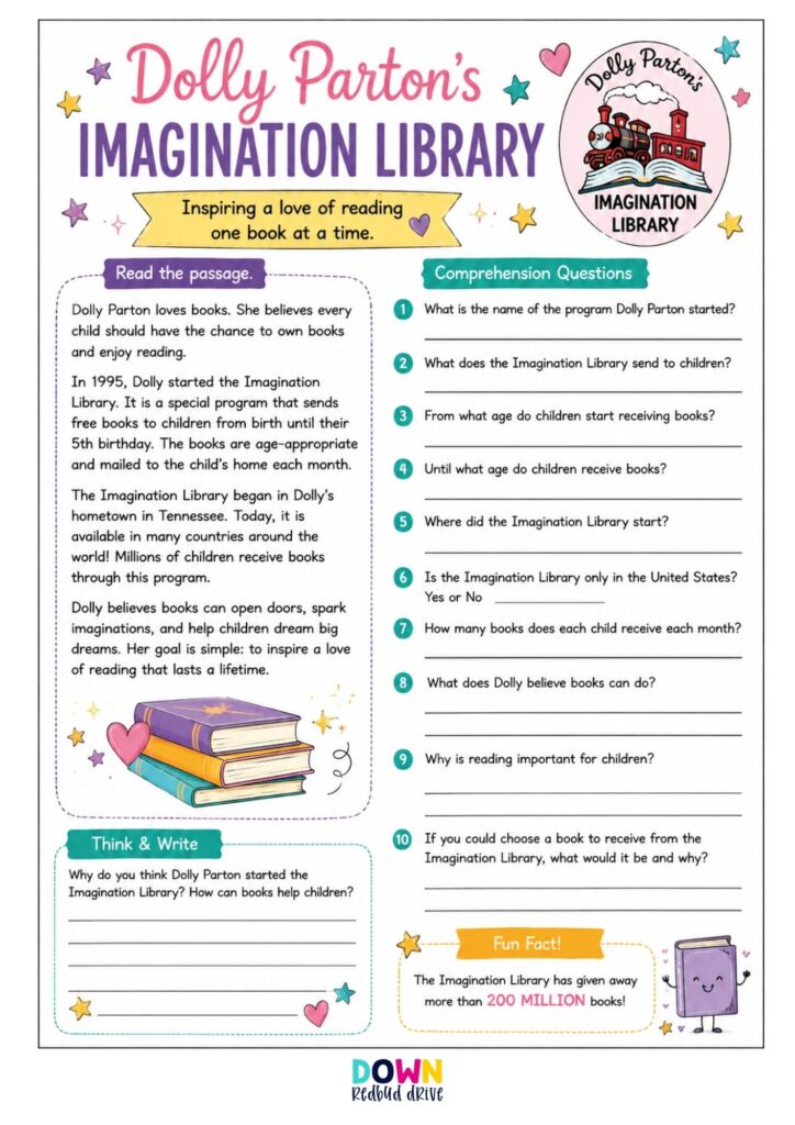 Dolly Parton imagination library reading comprehension for kids